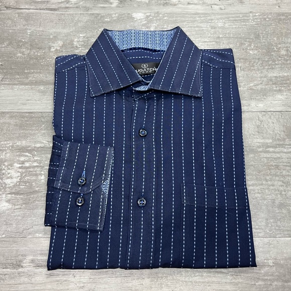Bugatchi Navy w/ Light Blue Stripe Shirt M - Picture 1 of 3